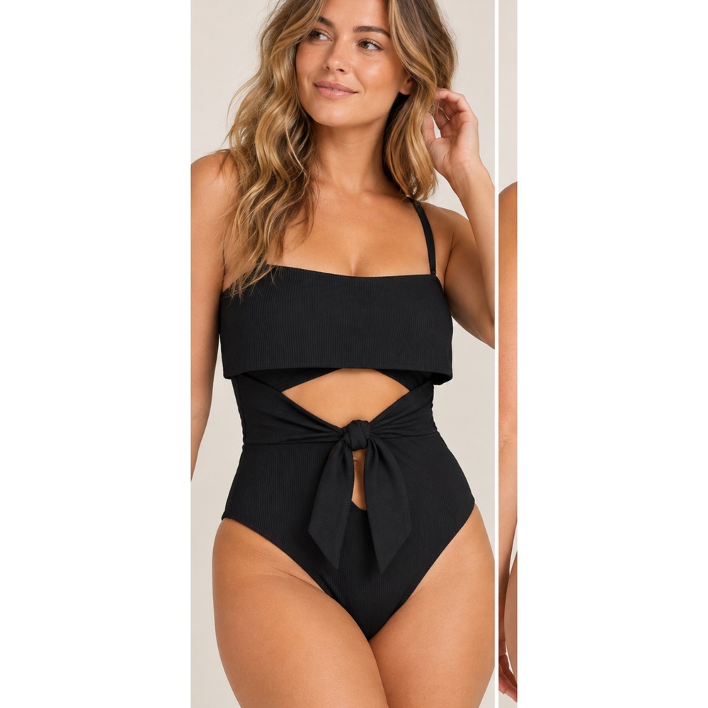 Aerie Ribbed Cutout Tie Front One Piece Swimsuit Black XL 0751-2928-073